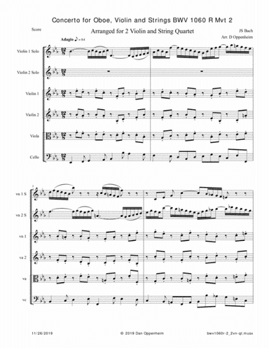 Bach: Concerto for Oboe, Violin and Strings BWV 1060 R arr. for 2 Violins and String Quartet - Mvt 2 (arr. D Oppenheim)