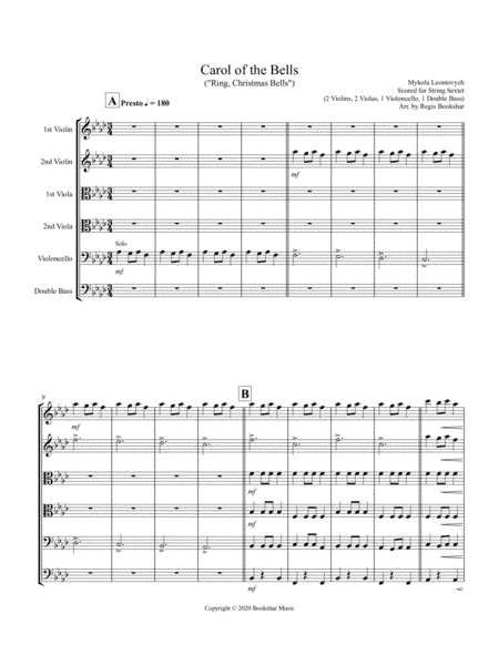 Carol of the Bells (F min) (String Sextet - 2 Violin, 2 Viola, 1 Cello, 1 Bass) (arr. Regis Bookshar)