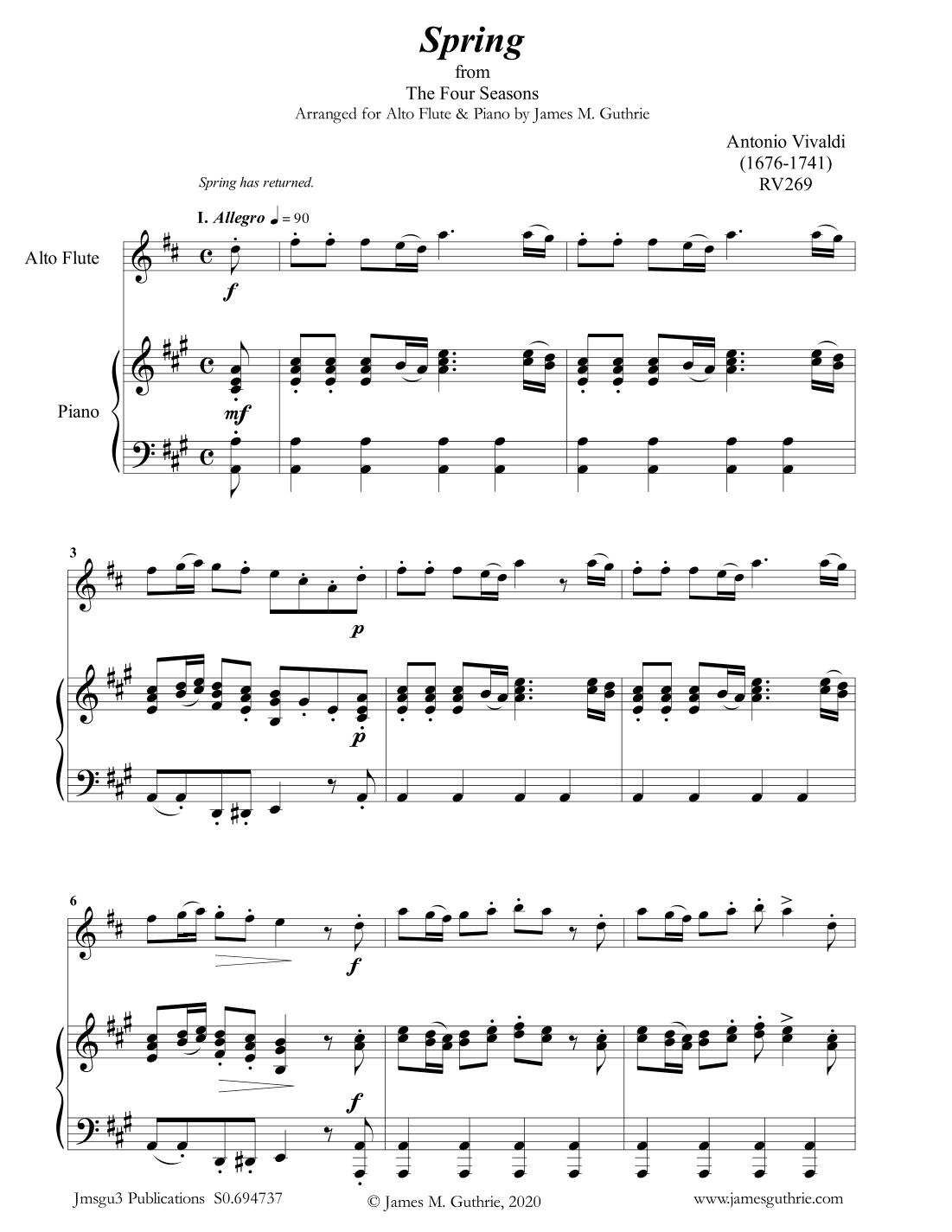 Vivaldi: Spring from the Four Seasons for Alto Flute & Piano (arr. James M. Guthrie, ASCAP)