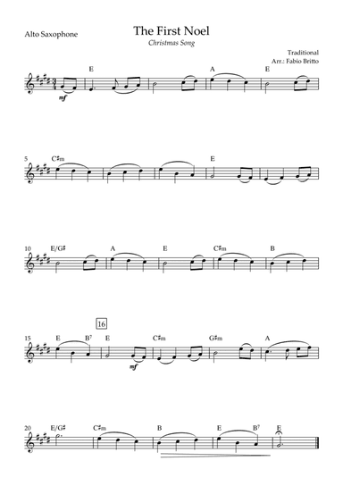 The First Noel (Christmas Song) for Alto Saxophone Solo with Chords (arr. Fabio Britto)