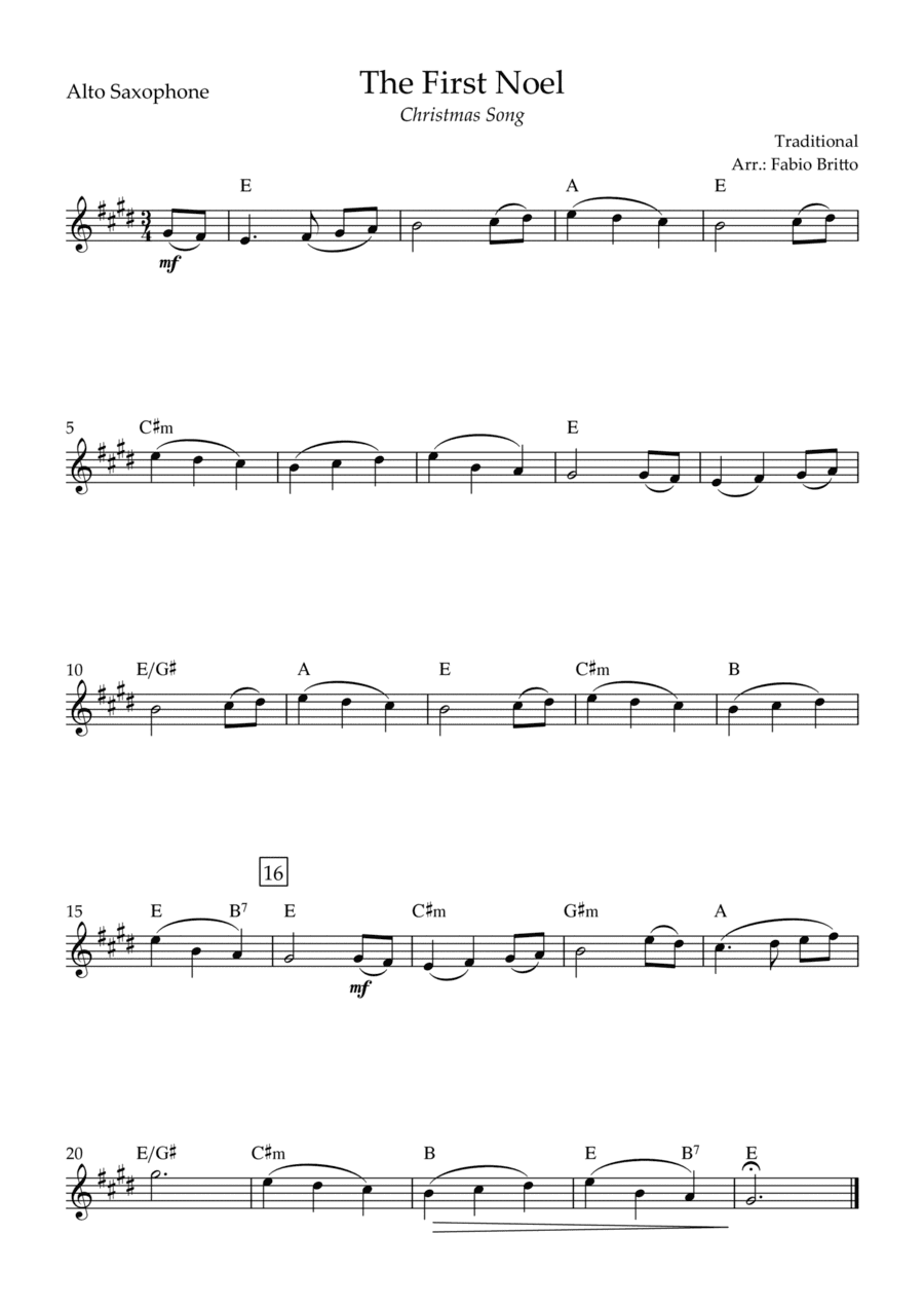 The First Noel (Christmas Song) for Alto Saxophone Solo with Chords (arr. Fabio Britto)