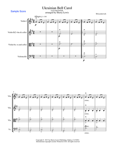 UKRAINIAN BELL CAROL (Carol of the Bells) String Trio, Easy/Beginner for 2 violins and cello or viol (arr. Sherry Lewis Publishing)