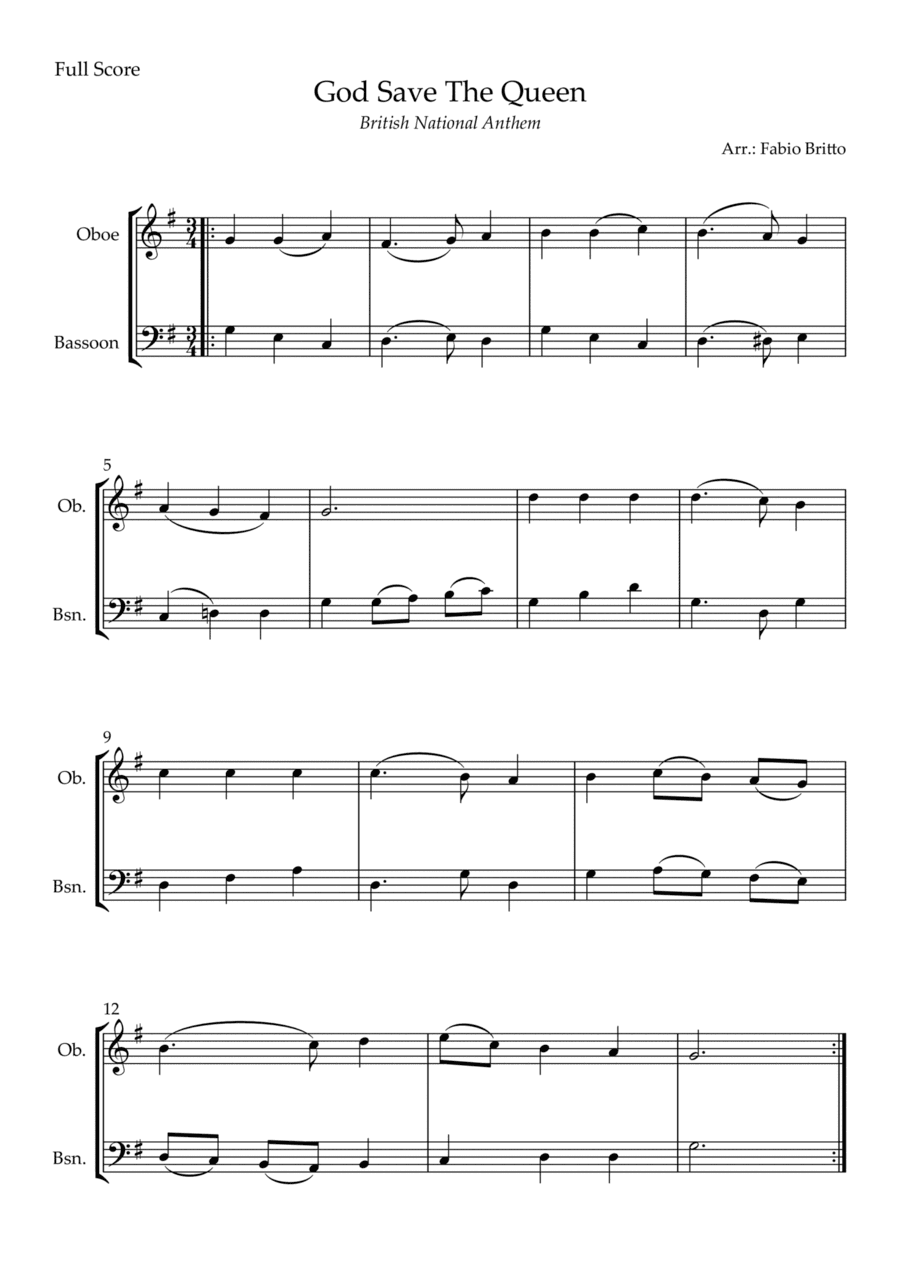 God Save The Queen (British National Anthem) for Oboe & Bassoon Duo (arr. Fabio Britto)