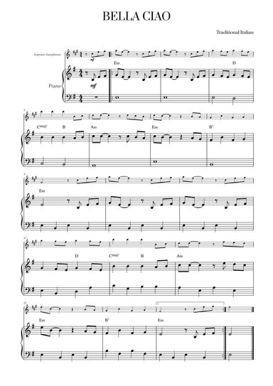 Bella Ciao with chords for Soprano Saxophone and Piano (arr. Cadenza Editions)