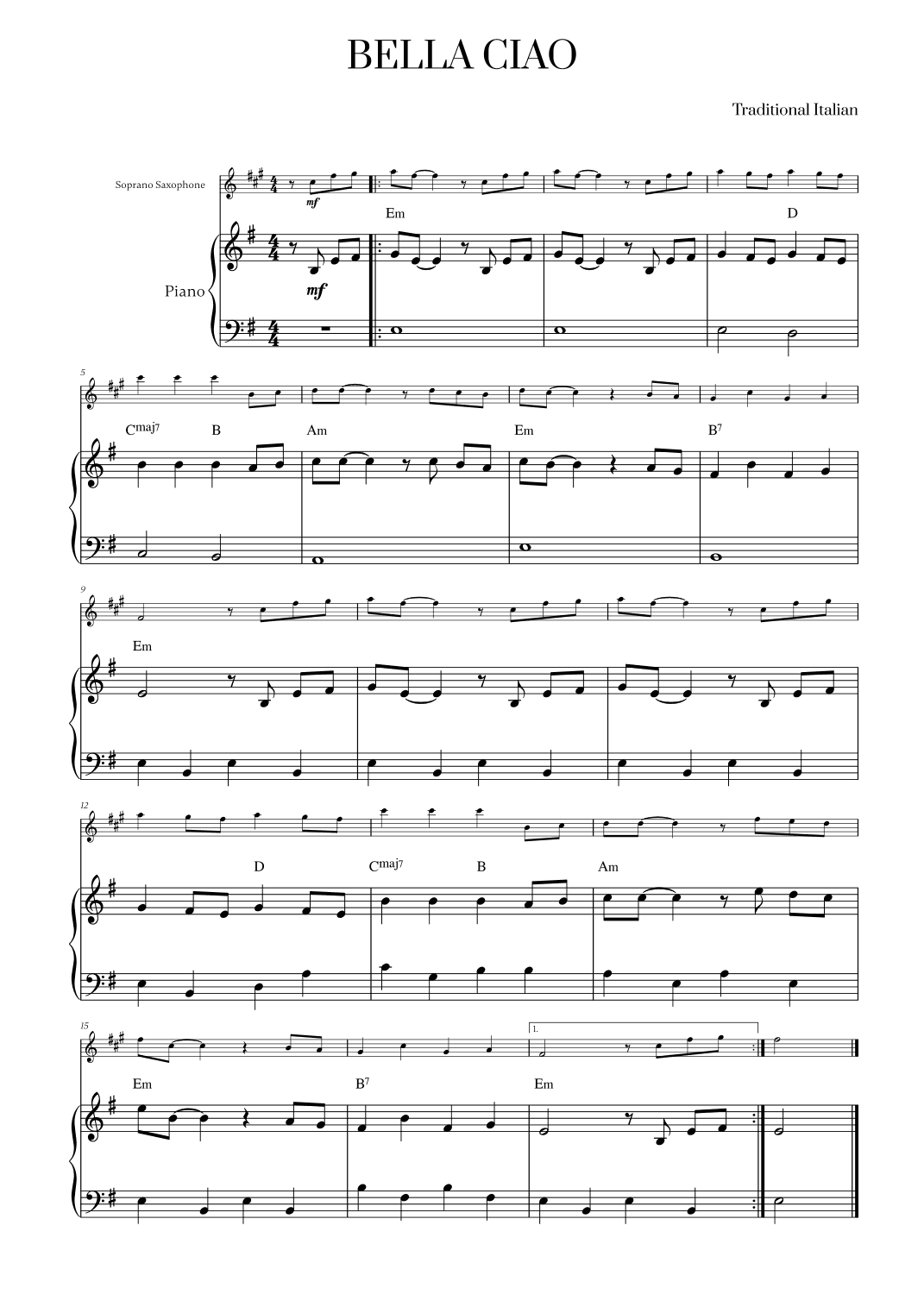 Bella Ciao with chords for Soprano Saxophone and Piano (arr. Cadenza Editions)