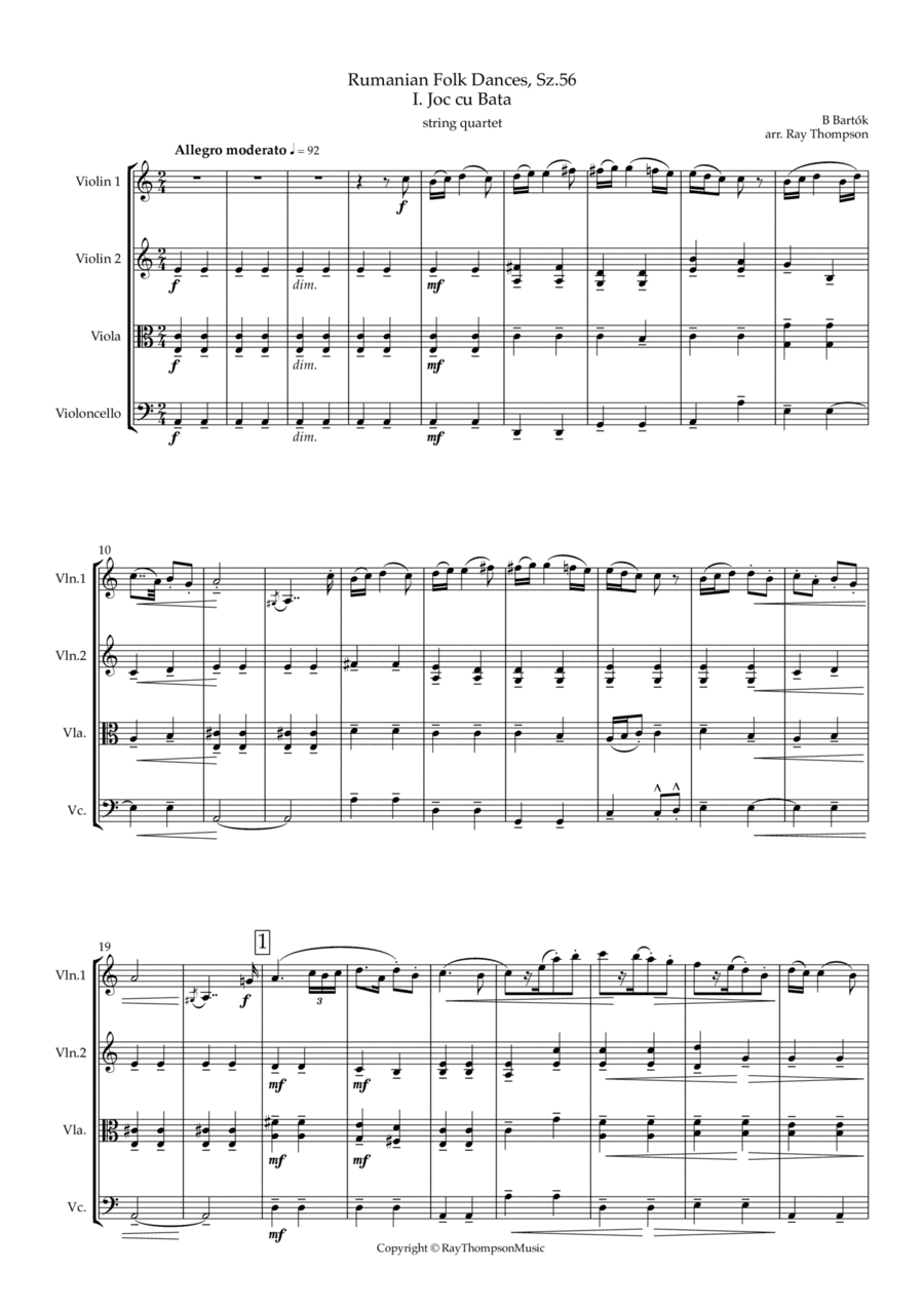 Bartók: Rumanian Folk Dances Sz.56 1. Joc cu Bata - string quartet (arr. Ray Thompson)