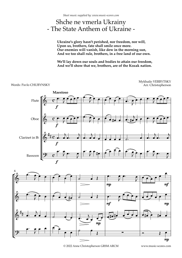 Shche ne verla Ukrainy: The State Anthem of Ukraine - Wind Quartet (arr. Anne L Christopherson GRSM ARCM)