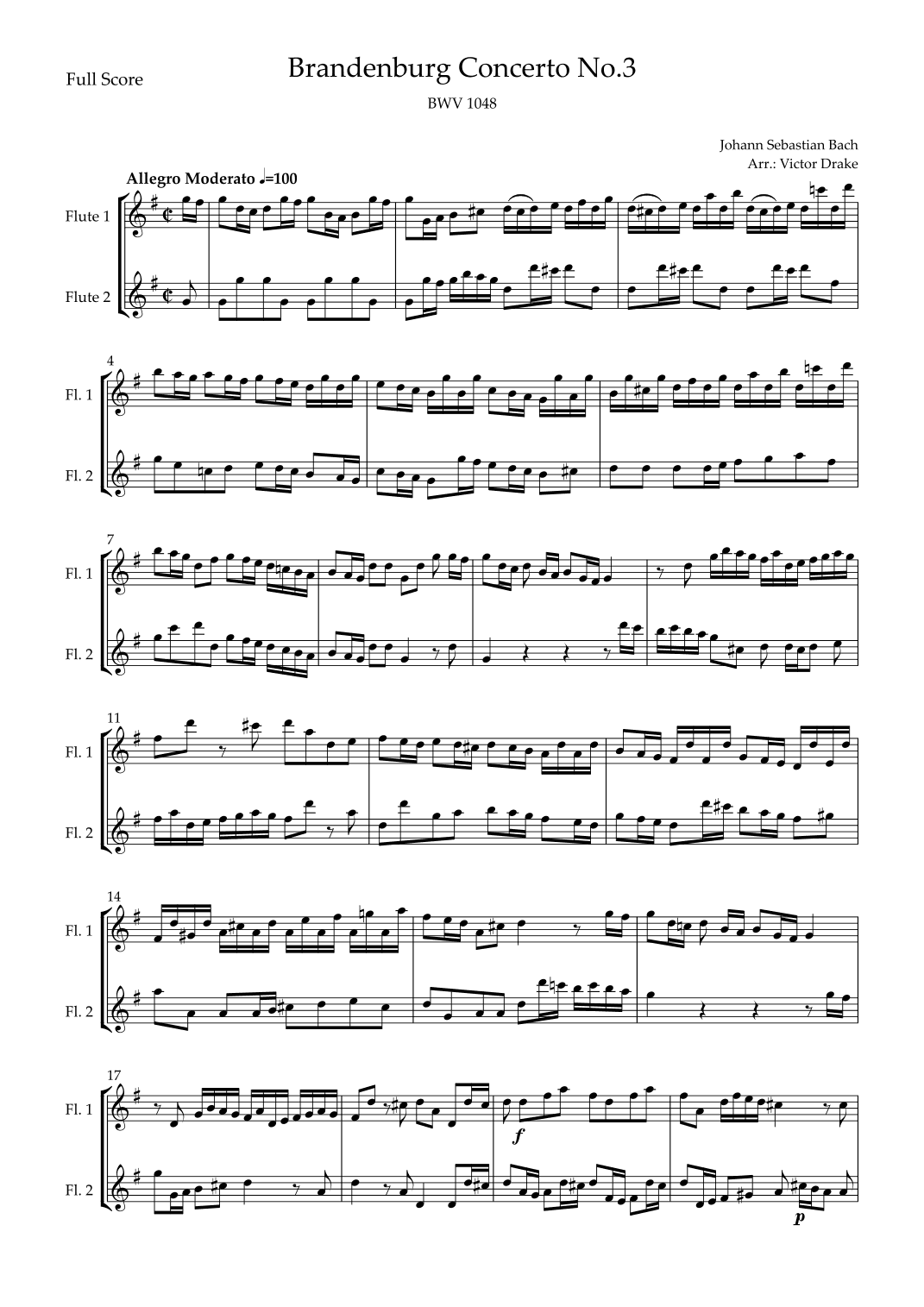 Brandenburg Concerto No. 3 in G major, BWV 1048 1st Mov. (J.S. Bach) for Flute Duo (arr. Victor Drake)