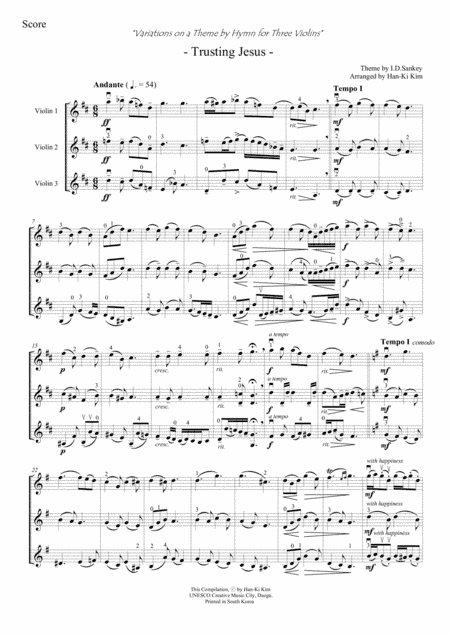 Trusting Jesus(For 3 Vns, or 2 Vns and Va) (arr. Han-Ki Kim)