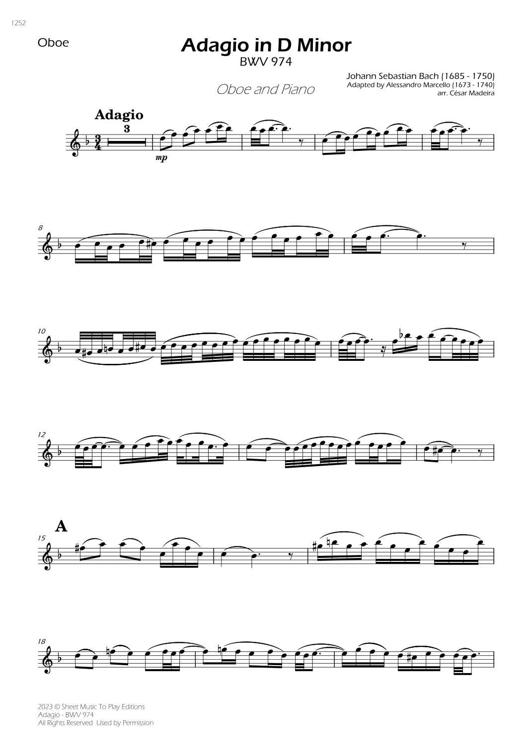 Adagio (BWV 974) - Oboe and Piano (Individual Parts) (arr. César Madeira)