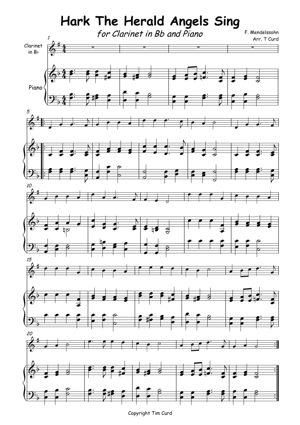 Hark The Herald Angels Sing for Solo Clarinet in Bb and Piano (arr. Tim Curd)