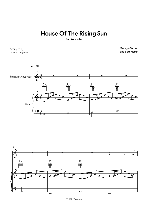 House of the Rising Sun - for Recorder - with play along (arr. Samuel Sequeira)