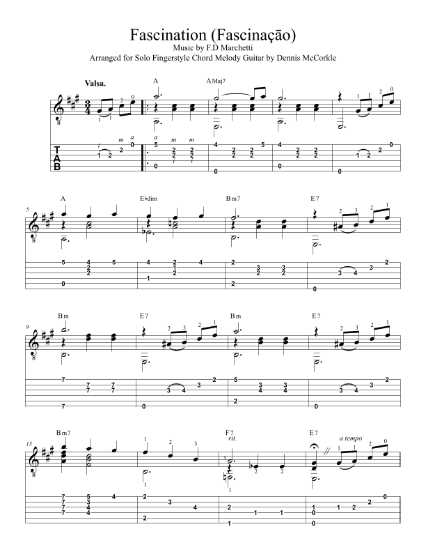 Fascination (Fascinaçao) Arranged for Solo Fingerstyle Chord Melody Guitar by Dennis McCorkle (arr. Dennis McCorkle)