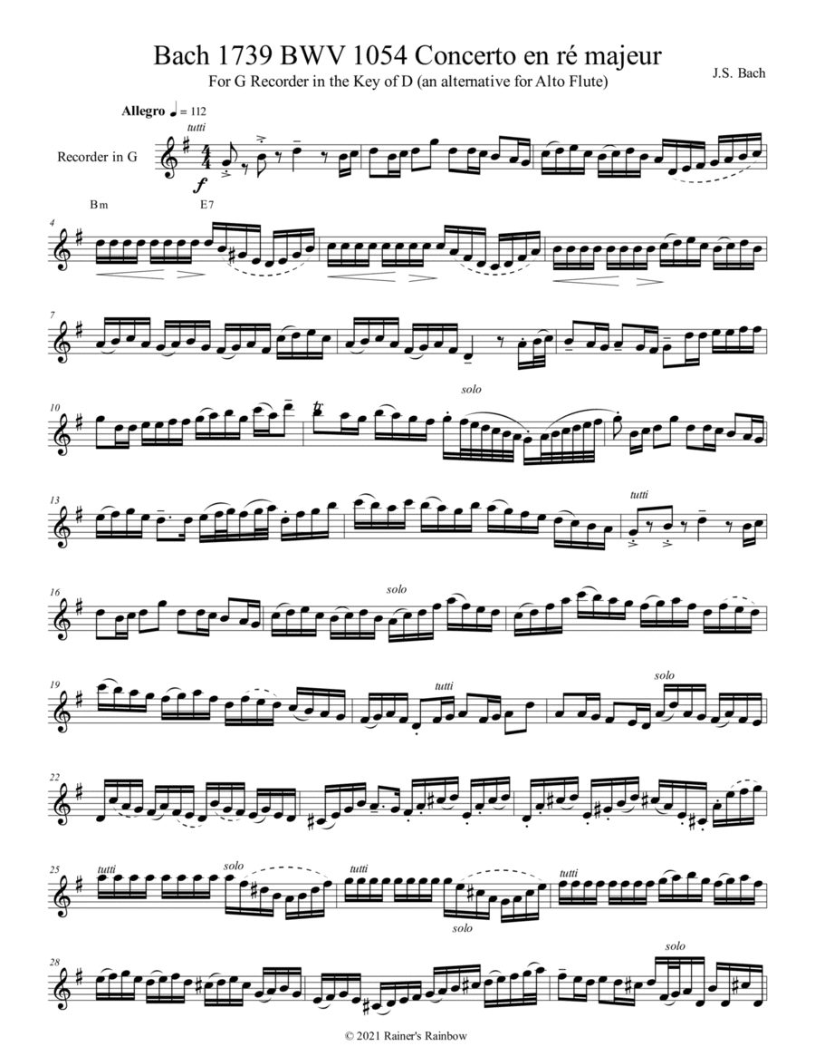 Bach 1739 BWV 1054 Concerto en ré majeur For Solo Unaccompanied Recorder or Alto Flute Key of D (arr. R G Roth)