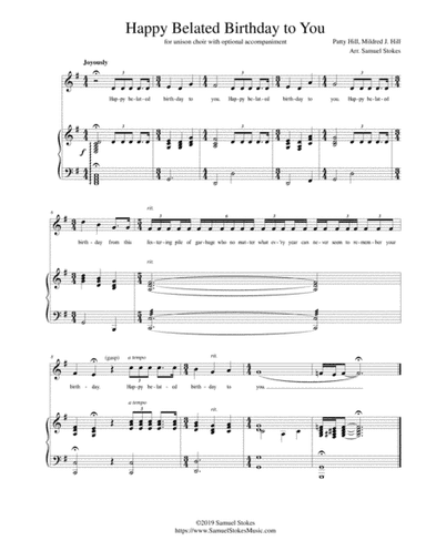 Happy Belated Birthday to You - for unison choir with optional piano accompaniment (arr. Samuel Stokes)