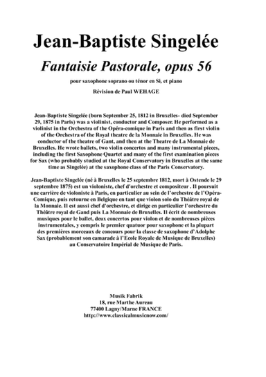 Jean-Baptiste Singelée: Fantaisie Pastorale, opus 56 pour saxophone soprano ou ténor en Sib et piano (arr. Musik Fabrik Music Publishing)