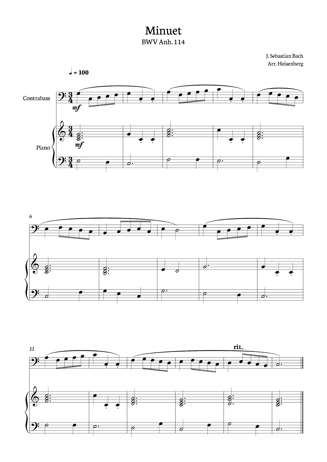 Minuet - Bach for Contrabass solo with piano. (arr. Heisenberg)