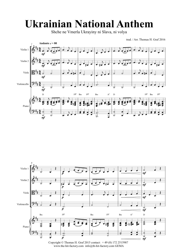 Ukrainian National Anthem - Shche ne Vmerla Ukrayiny ni Slava ni volya - String Quartet and Piano - (arr. Thomas Graf)