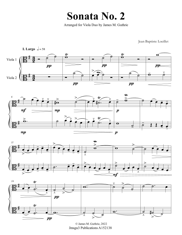 Loeillet: Sonata No. 2 for Viola Duo (arr. James M. Guthrie)