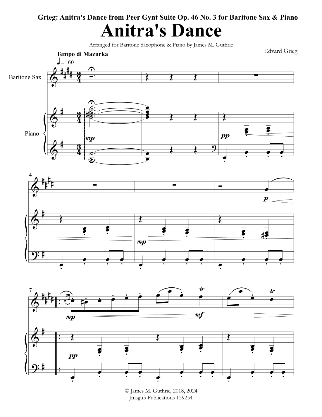 Grieg: Anitra's Dance from Peer Gynt Suite for Baritone Sax & Piano (arr. James M. Guthrie, ASCAP)