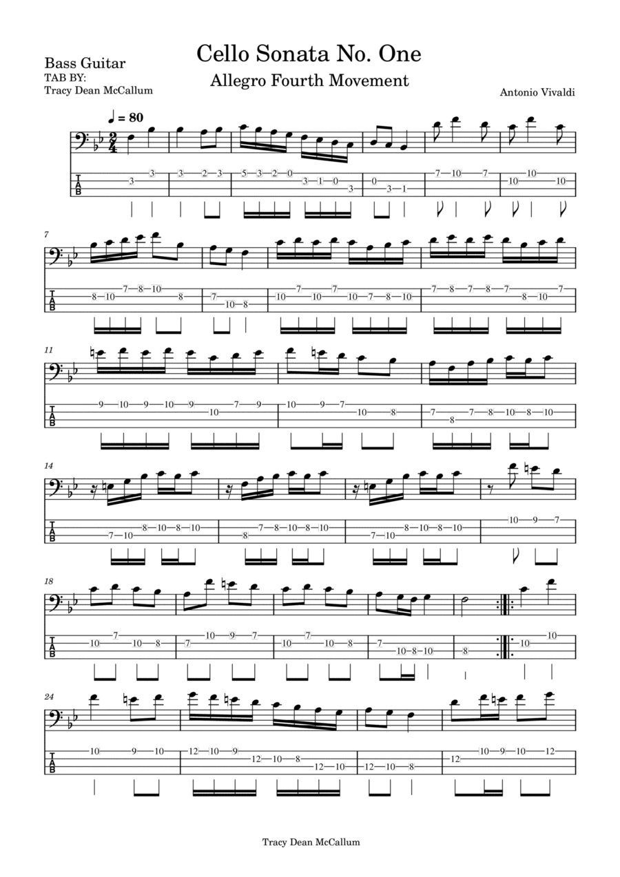 Antonio Vivaldi Cello Sonata No. One Allegro Movement Four Bass Guitar Tab (arr. Tracy Dean McCallum)
