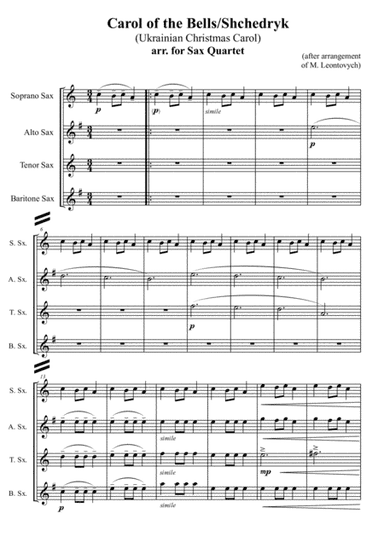 Carol of the Bells/Shchedryk (Ukrainian Christmas Carol), arr. for Sax Quartet (arr. M. Leontovych, Xlomeg)