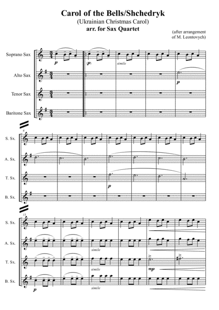 Carol of the Bells/Shchedryk (Ukrainian Christmas Carol), arr. for Sax Quartet (arr. M. Leontovych, Xlomeg)