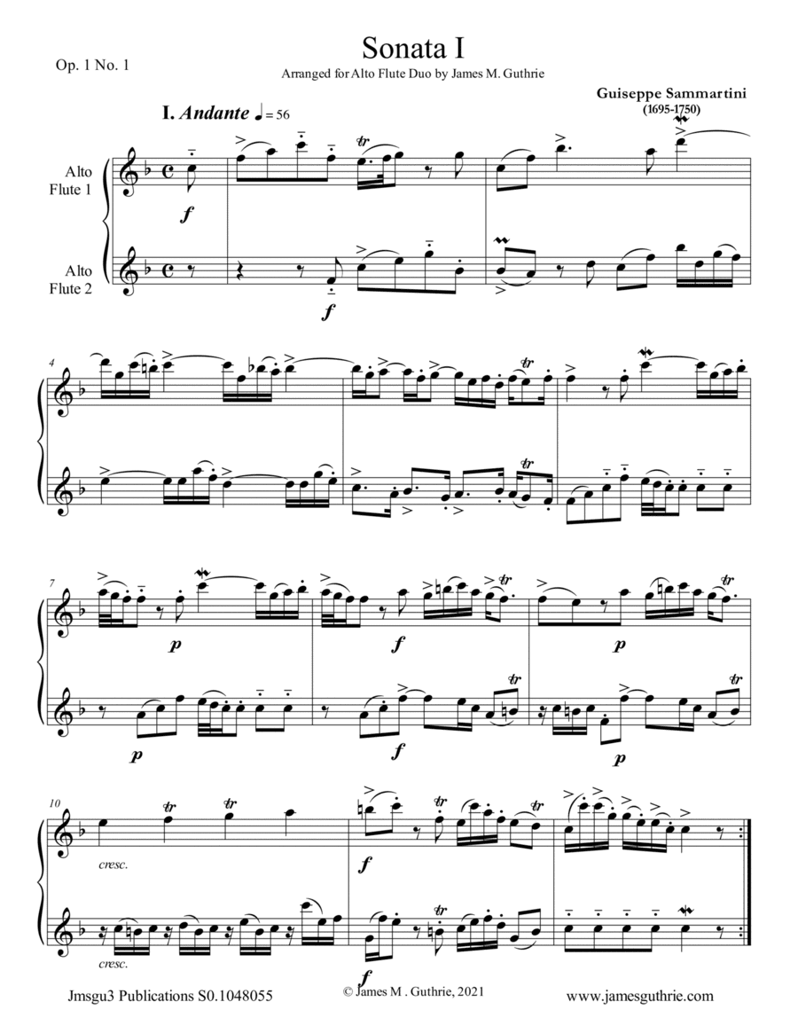 Sammartini: Sonata Op.1 No.1 for Alto Flute Duo (arr. James M. Guthrie)