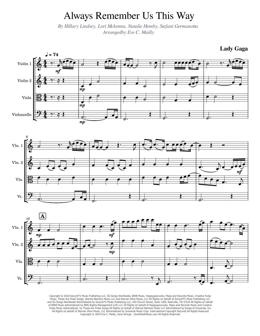 Always Remember Us This Way (arr. Eve C. Mailly -  Zene Strings)