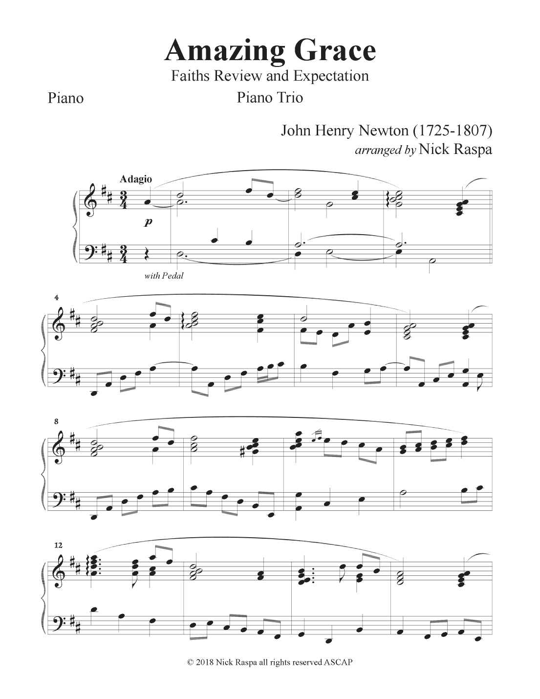 Amazing Grace (Piano Trio - Violin, Cello & Piano) Piano part (arr. Nick Raspa)