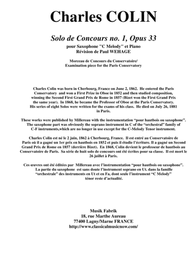 Charles COLIN Solo de Concours no. 1, Opus 33 , arranged for "C Melody"  saxophone and piano (arr. Musik Fabrik Music Publishing)