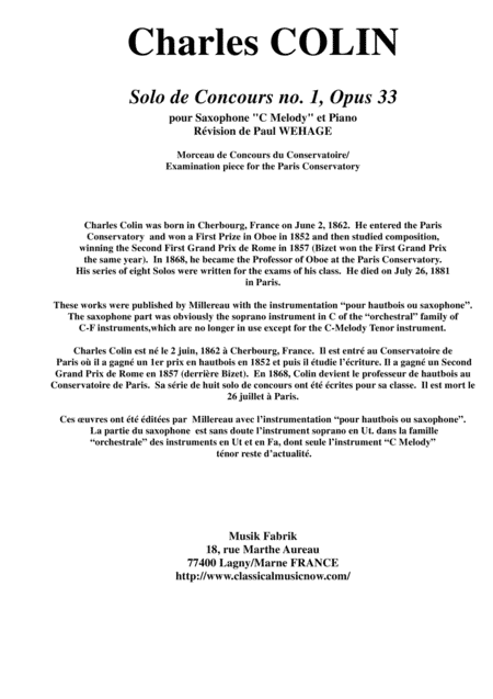 Charles COLIN Solo de Concours no. 1, Opus 33 , arranged for "C Melody"  saxophone and piano (arr. Musik Fabrik Music Publishing)