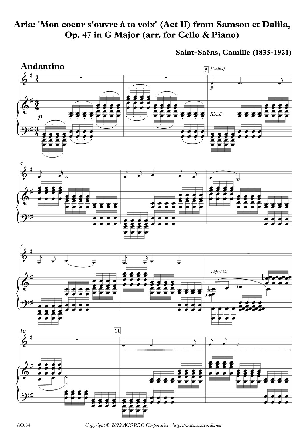 Aria: 'Mon coeur s'ouvre à ta voix' from Samson et Dalila, Op. 47 in G Major (for Cello & Piano) (arr. Kamada, Mikio)