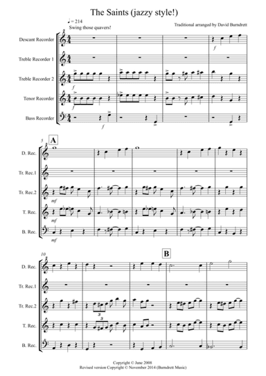 The Saints (jazzy style!) for Recorder Quintet (arr. David Burndrett)