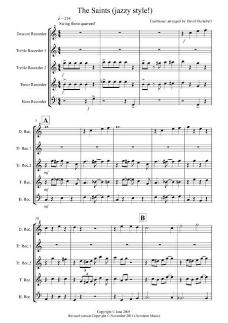 The Saints (jazzy style!) for Recorder Quintet (arr. David Burndrett)