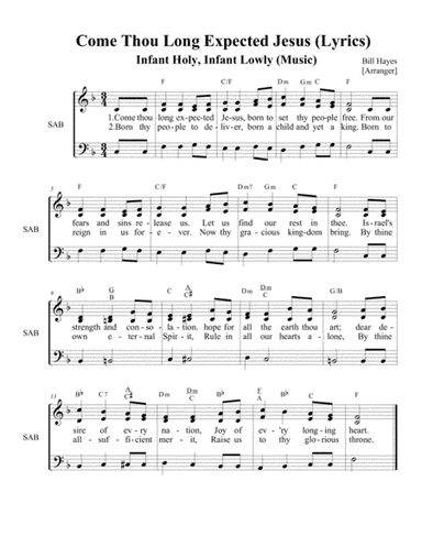 Come Thou Long Expected Jesus lyrics (with Infant Holy, Infant Lowly, music) (arr. Bill Hayes)