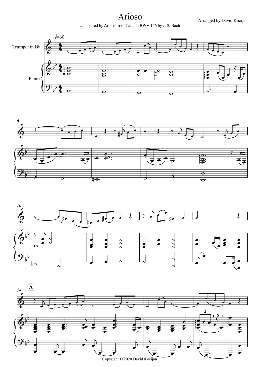 Arioso (trumpet in Bb & piano) - EASY (arr. David Kocijan)