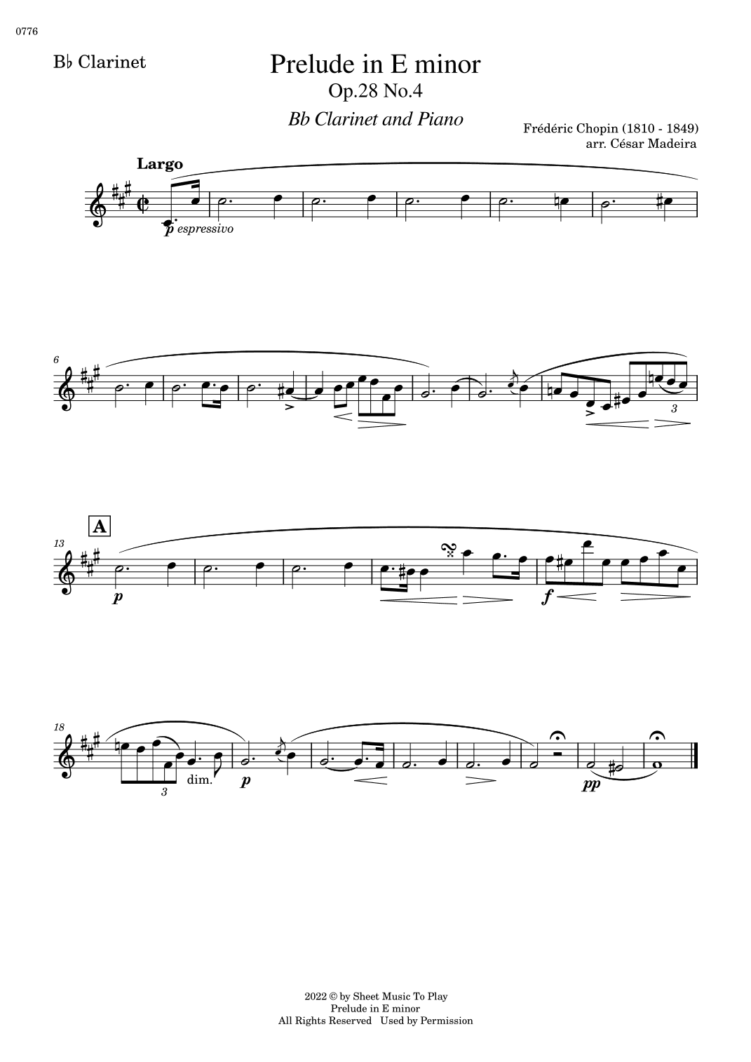 Prelude in E minor by Chopin - Bb Clarinet and Piano (Individual Parts) (arr. César Madeira)