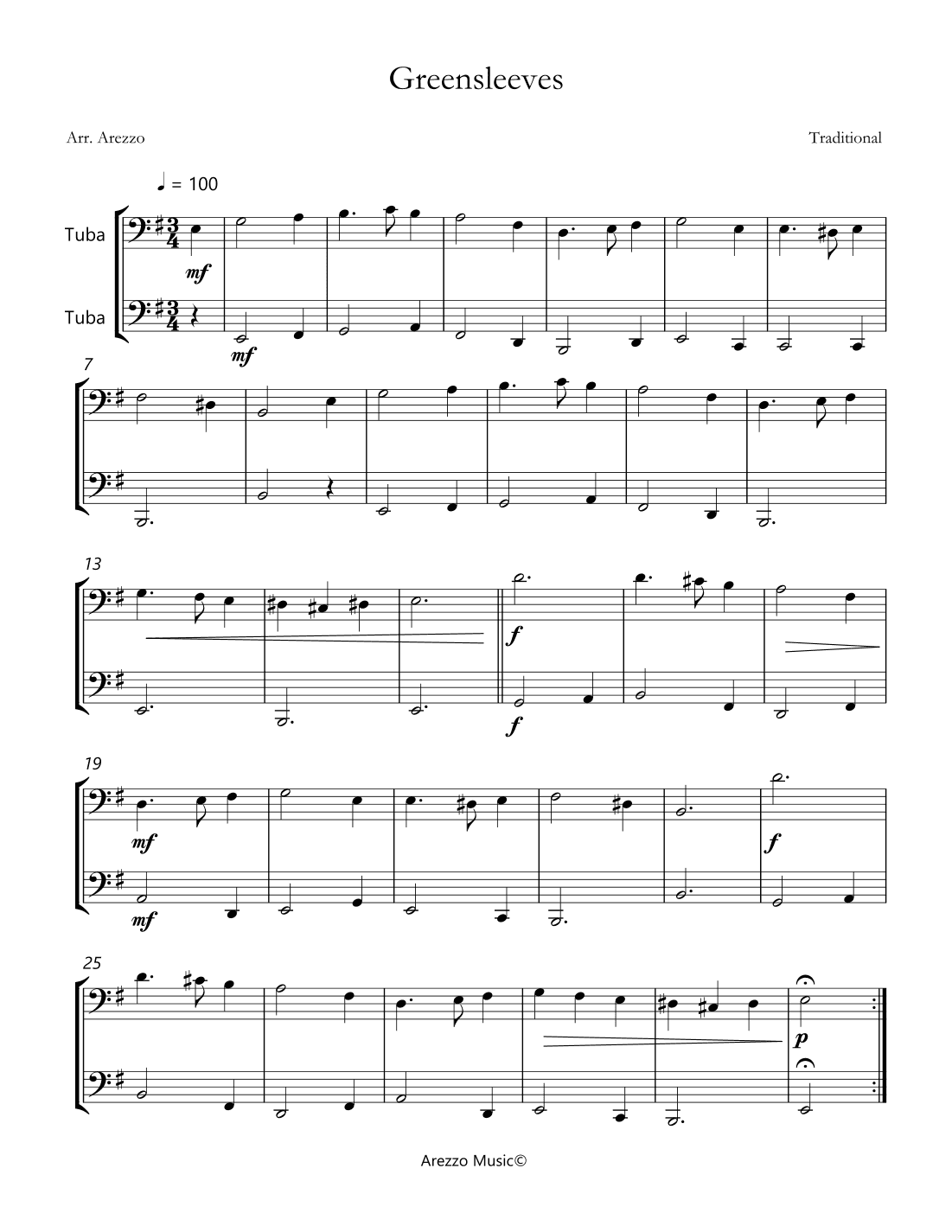 traditional greensleeves tuba duo sheet music for beginners (arr. Arezzo Music)