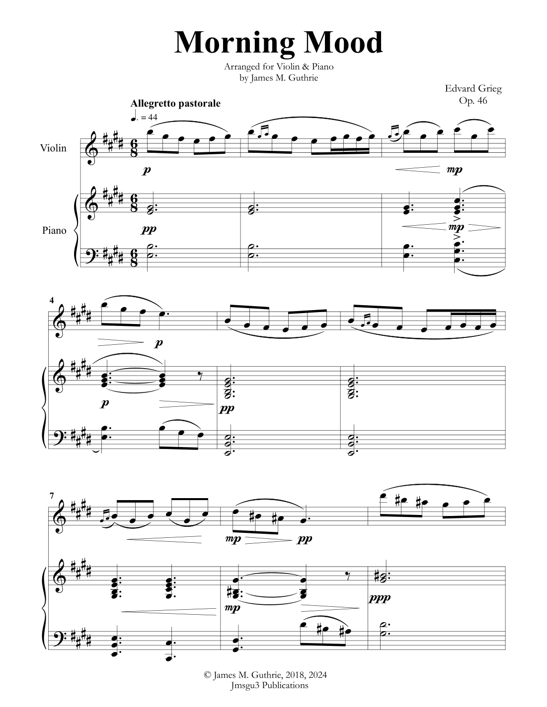 Grieg: Morning Mood from Peer Gynt Suite for Violin & Piano (arr. James M. Guthrie, ASCAP)