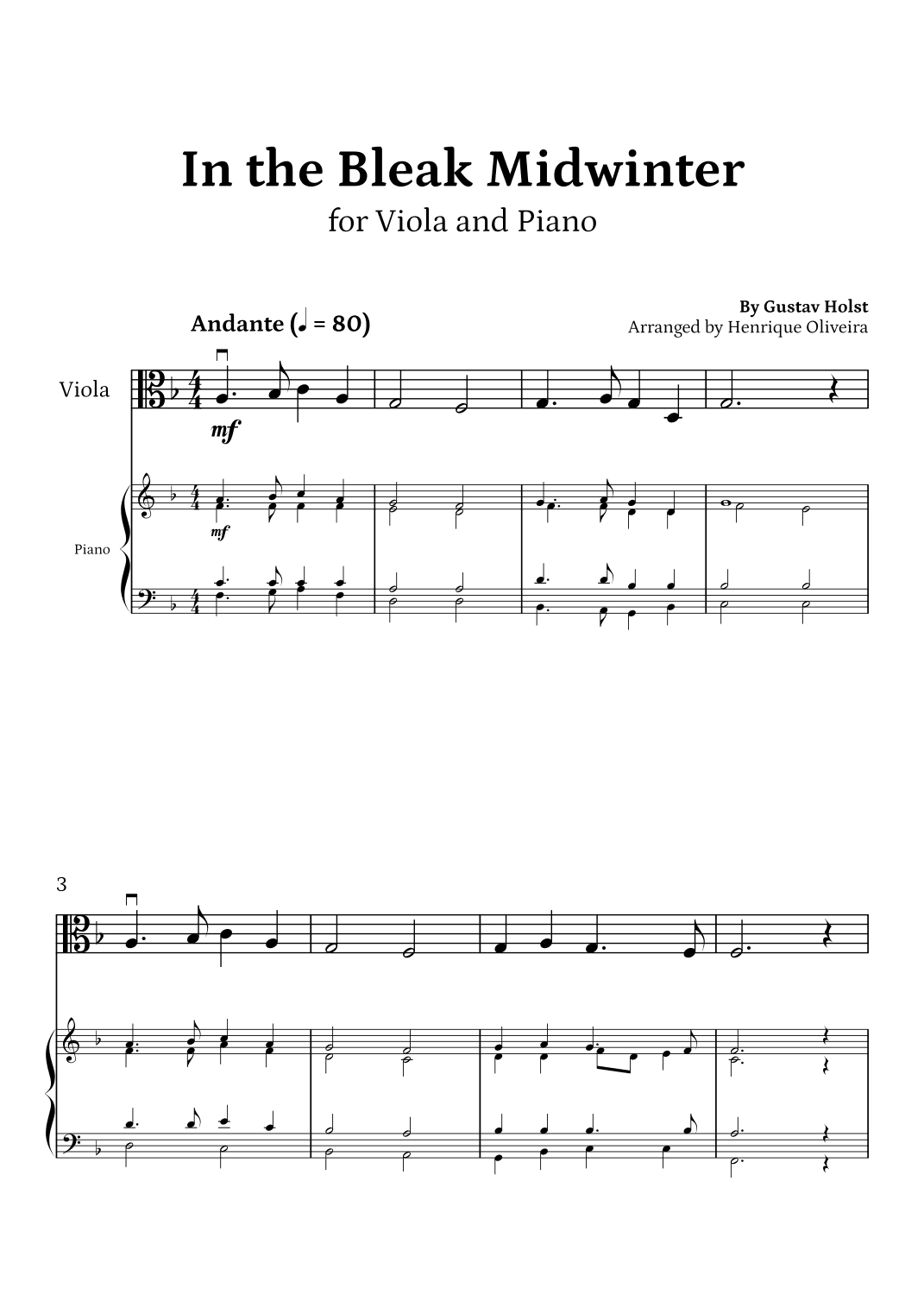 In the Bleak Midwinter (Viola and Piano) - Beginner Level (arr. Henrique Oliveira)