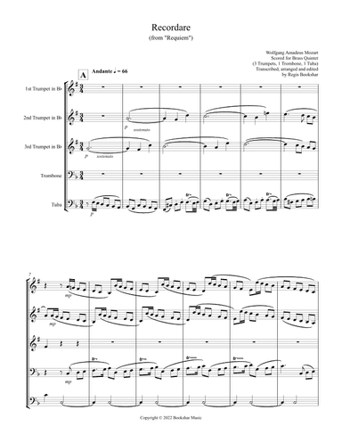 Recordare (from "Requiem") (F) (Brass Quintet - 3 Trp, 1 Trb, 1 Tuba) (arr. Regis Bookshar)