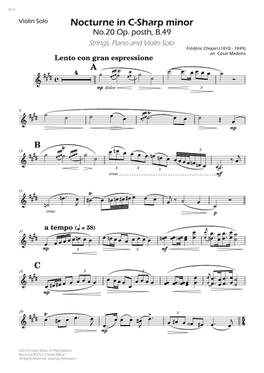 Nocturne No.20 in C Sharp minor - Violin Solo, Strings and Piano (Individual Parts) (arr. César Madeira)