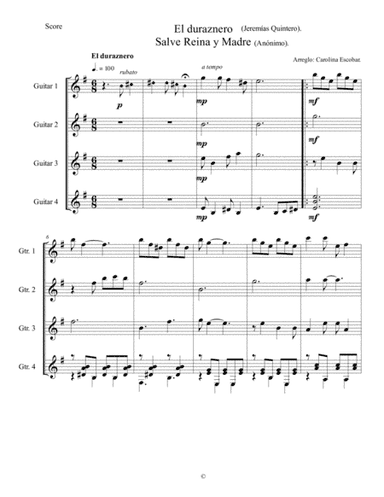 Guitar quartet Colombian traditional carols - El duraznero y Salve Reina y Madre (Bambuco) (arr. Carolina Escobar.)