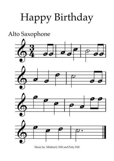 Happy Birthday - Alto Saxophone with note names (arr. Juan Arce)