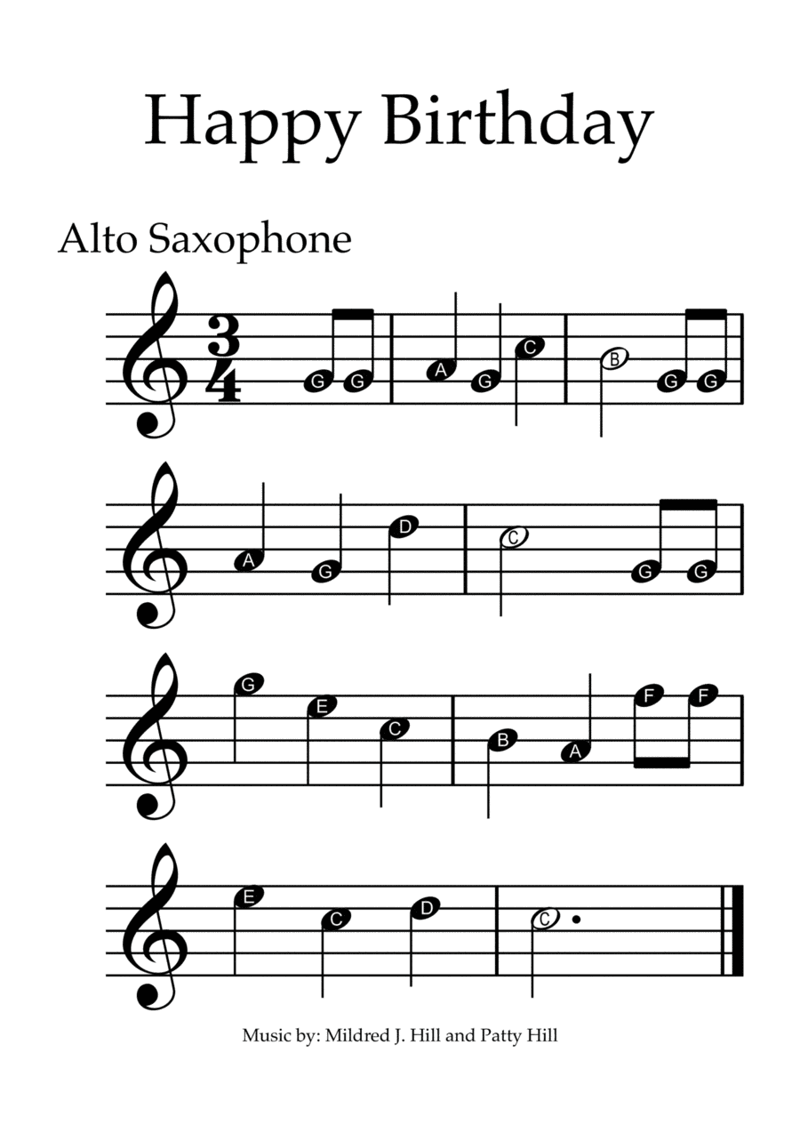 Happy Birthday - Alto Saxophone with note names (arr. Juan Arce)