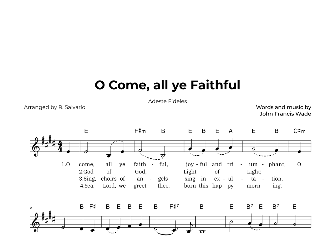 O Come, all ye Faithful - Adeste Fideles (Key of E Major) (arr. R. Salvario)
