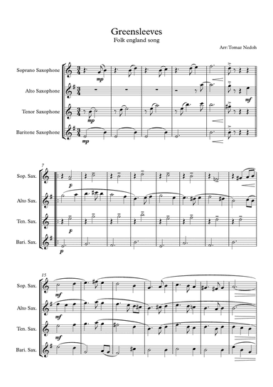 Greensleeves for Saxophone Quartet (arr. Tomaz Nedoh)