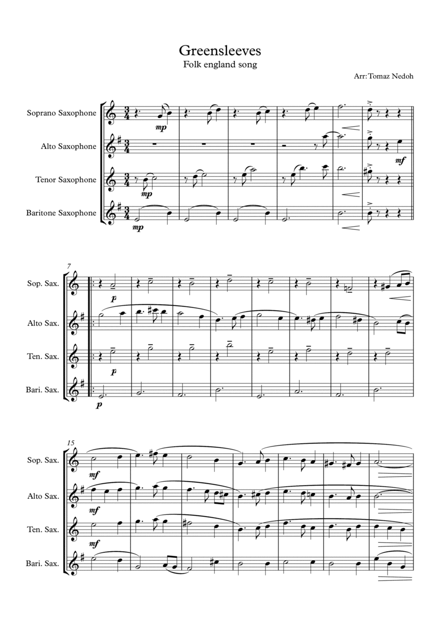 Greensleeves for Saxophone Quartet (arr. Tomaz Nedoh)