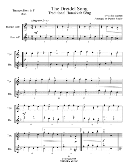 The Dreidel Song - Mixed Brass (Trumpet/Horn in F) Duet - Advanced Intermediate (arr. Dennis Ruello)